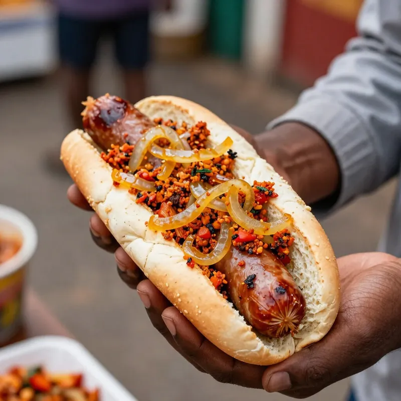 A boerewors roll topped with onion relish and chakalaka, held in two hands