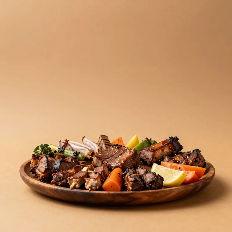 A wooden platter of grilled meats with vegetables and lemon