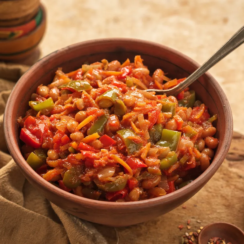 A clay bowl of chakalaka, a relish of carrot, peppers, tomato and beans