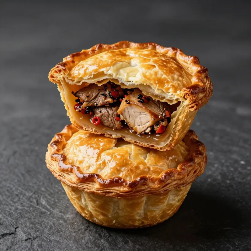 Two golden, flaky meat pies, one broken open to show the filling